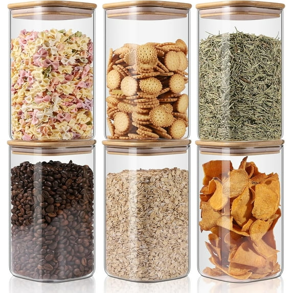 Glass Storage Jars 6 Pack -50oz (10cmx20cm)Clear Glass Food Storage Containers with Airtight Bamboo Lid Stackable Kitchen Canisters for Candy,Cookie,Rice,Sugar,Flour,Pasta,Nuts and Spice Jars(Square)