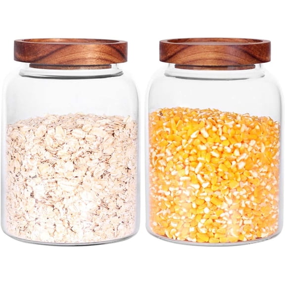 Glass Storage Jars with Airtight Lids, Set of 2 42 FL OZ (1250ml) coffee container with Wooden Lid, Glass Pantry Canister for Beans, Rice, Sugar and etc (6.3 inch high)