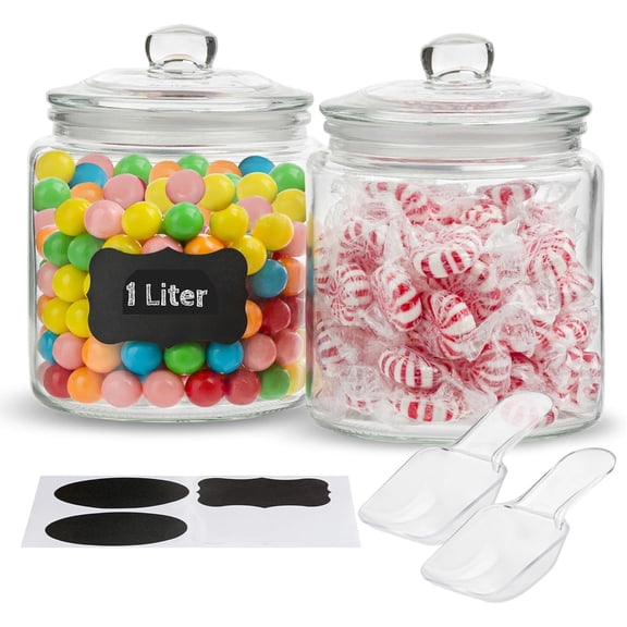 Glass Storage Jars with Lids - 29oz (Set of 2), Kitchen Canisters for Sugar, Cookies, Cotton Balls, Glass Containers with Chalkboard Labels and Airtight Lid