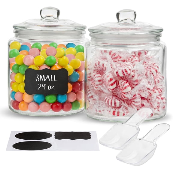 Glass Storage Jars with Lids - 29oz (Set of 2), Kitchen Canisters for Sugar, Cookies, Cotton Balls, Glass Containers with Chalkboard Labels and Airtight Lid