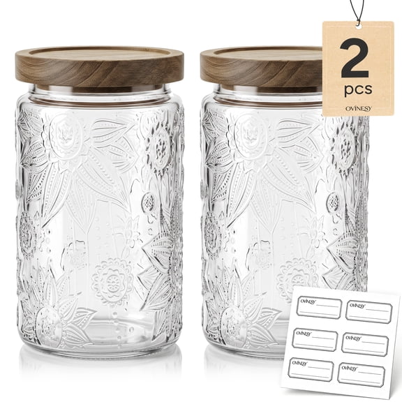 Glass Storage Jars with Nature Wood Lids, Airtight Food Storage Containers for Kitchen Organization, Large Capacity for Cookie, Pasta, Sugar, Flour, Cereal – Set of 2 (Sunflower)