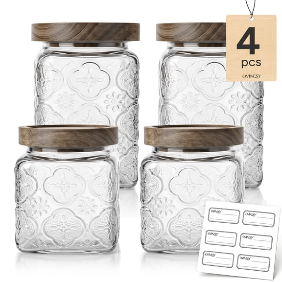 Glass Storage Jars with Nature Wood Lids, Airtight Food Storage Containers for Kitchen Organization, Large Capacity for Cookie, Pasta, Sugar, Flour, Cereal – Set of 4 (Crabapple Blossom)