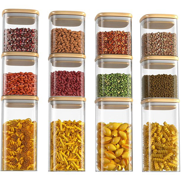 Glass Storage Jars Set of 12 High-Quality Square Glass Containers Spice Jars  with Lids, Airtight Storage Jars Glass Jars, Suitable for Coffee, Tea,  Biscuits, Sweets, Nuts, Spices, Grains 