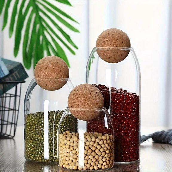 Glass Storage Jars with Cork Ball Stopper, 3 Pcs 17 Oz Containers for Tea and Candy