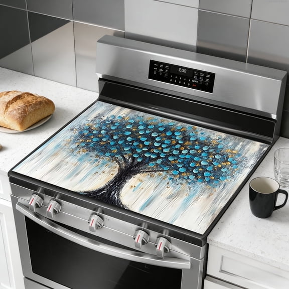 Glass Stove Top Cover 28 x 20 Inch - Blue, Tree of Life Design, Heat Resistant Electric Stove Cover, Multipurpose Countertop Protector for Stove, Counter, Washer & Dryer