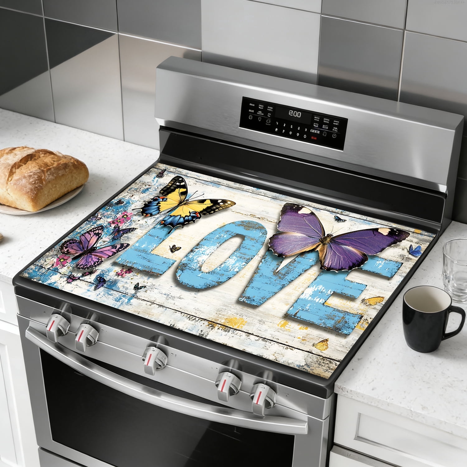 Glass Stove Top Cover 28 x 20 Inch – Butterfly, Love Design, Heat Resistant Electric Stove Cover, Multipurpose Countertop Protector for Stove, Counter, Washer & Dryer