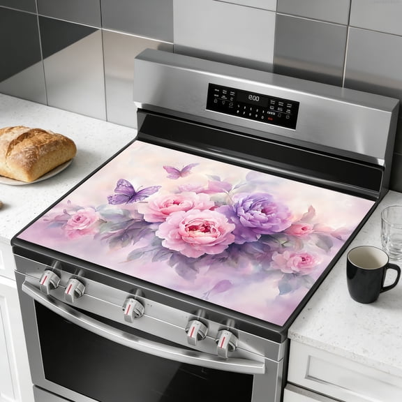 Glass Stove Top Cover 28 x 20 Inch - Flowers, butterflies Design, Heat Resistant Electric Stove Cover, Multipurpose Countertop Protector for Stove, Counter, Washer & Dryer