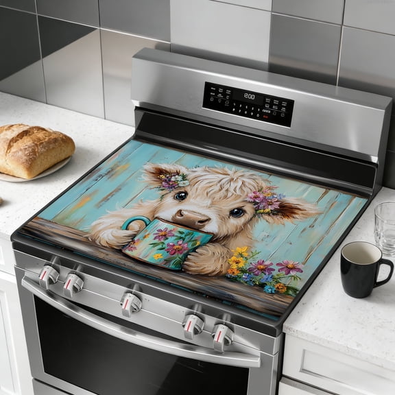 Glass Stove Top Cover 28 x 20 Inch - Flowers, calf Design, Heat Resistant Electric Stove Cover, Multipurpose Countertop Protector for Stove, Counter, Washer & Dryer