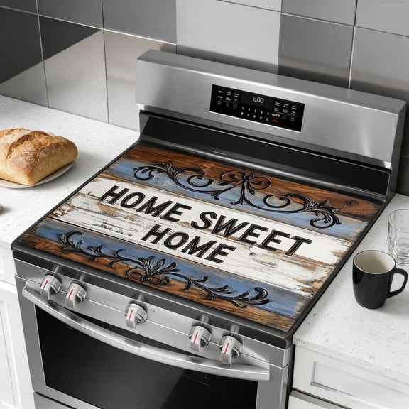 Glass Stove Top Cover 28 x 20 Inch - HOME SWEET HOME, Carving Design, Heat Resistant Electric Stove Cover, Multipurpose Countertop Protector for Stove, Counter, Washer & Dryer