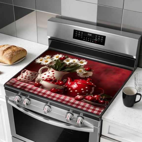 Glass Stove Top Cover 28 x 20 Inch - Kettle, daisy, cherry Design, Heat Resistant Electric Stove Cover, Multipurpose Countertop Protector for Stove, Counter, Washer & Dryer