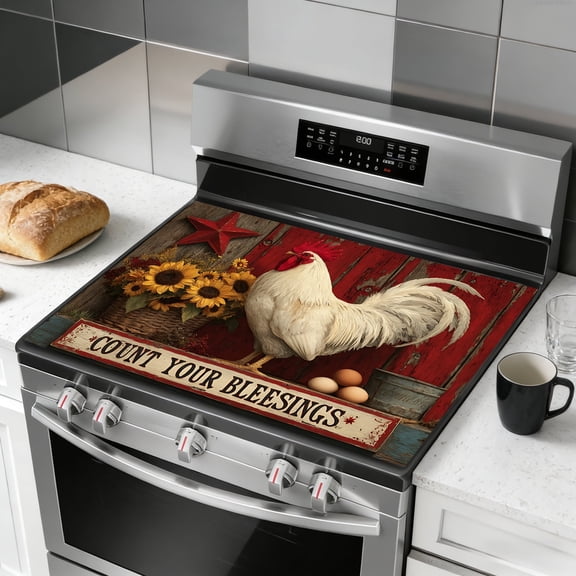 Glass Stove Top Cover 28 x 20 Inch - Rooster, sunflower Design, Heat Resistant Electric Stove Cover, Multipurpose Countertop Protector for Stove, Counter, Washer & Dryer