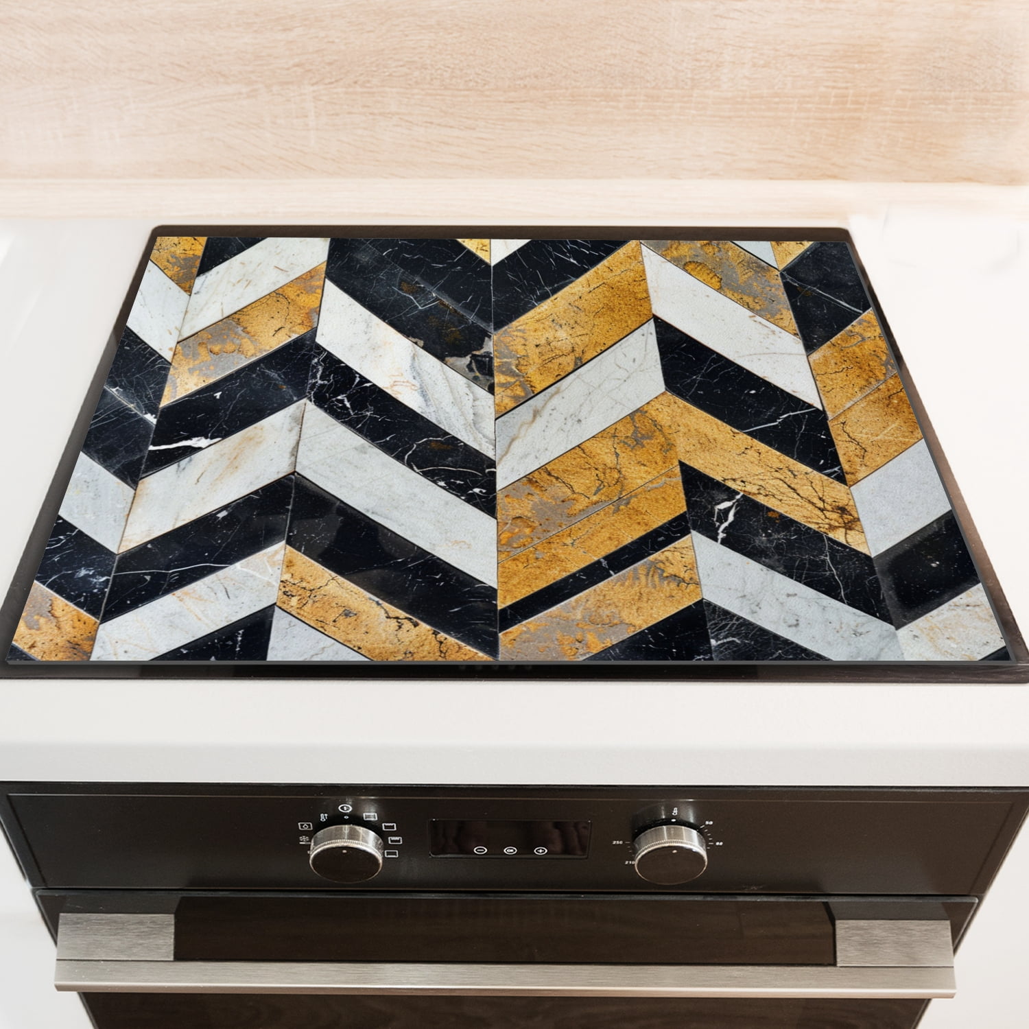 Glass Stove Top Covers For Electric Stove, Abstract Geometric Art Marble Print Square Glass Stovetop Cover, Black White and Gold Dustproof Mat for Kitchen RV (28×20 Inch)