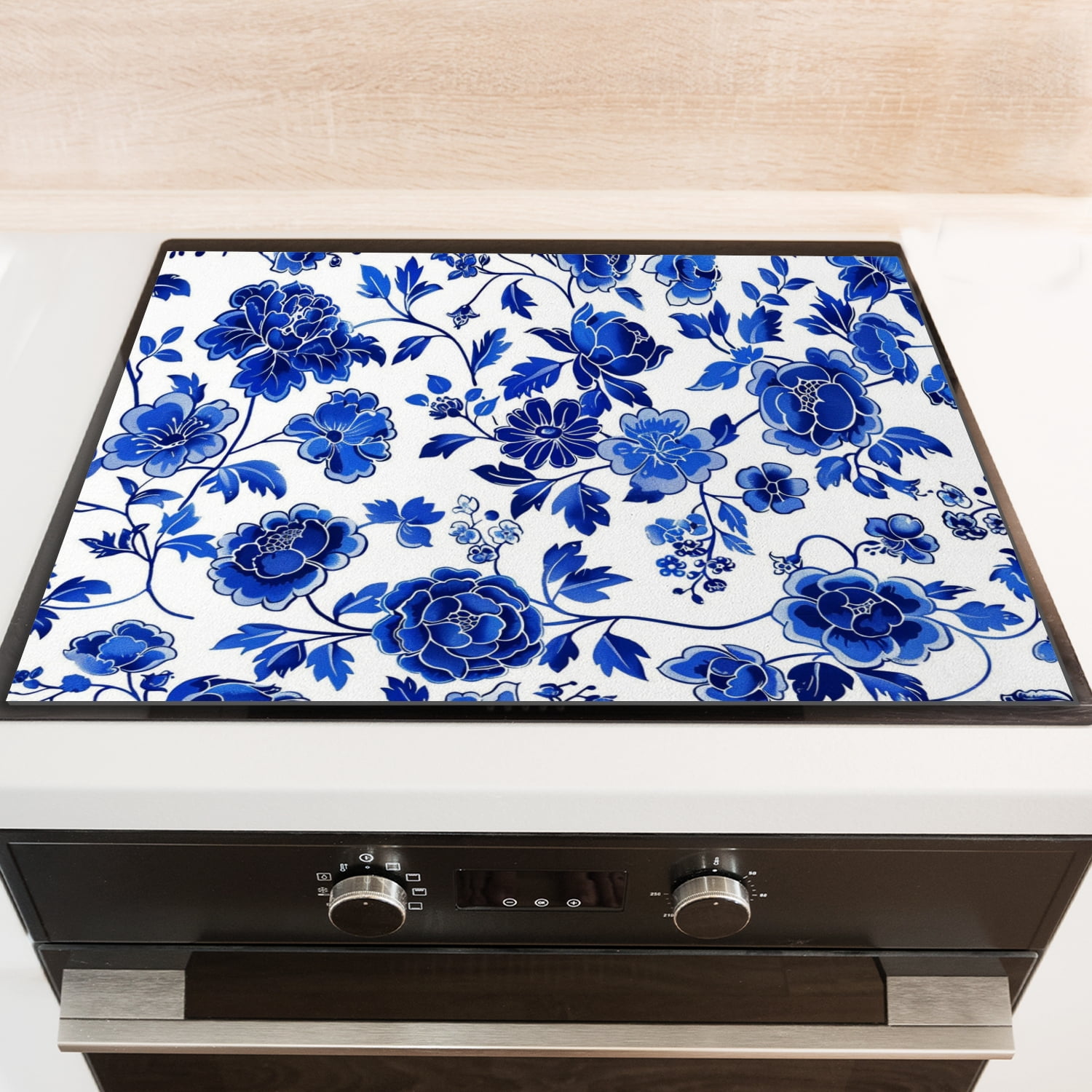 Glass Stove Top Covers for Electric Stove, Blue And White Floral Symmetrical Pattern Stovetop Covers, Square Scratch-Resistant Mat for Kitchen RV (28×20 Inch)