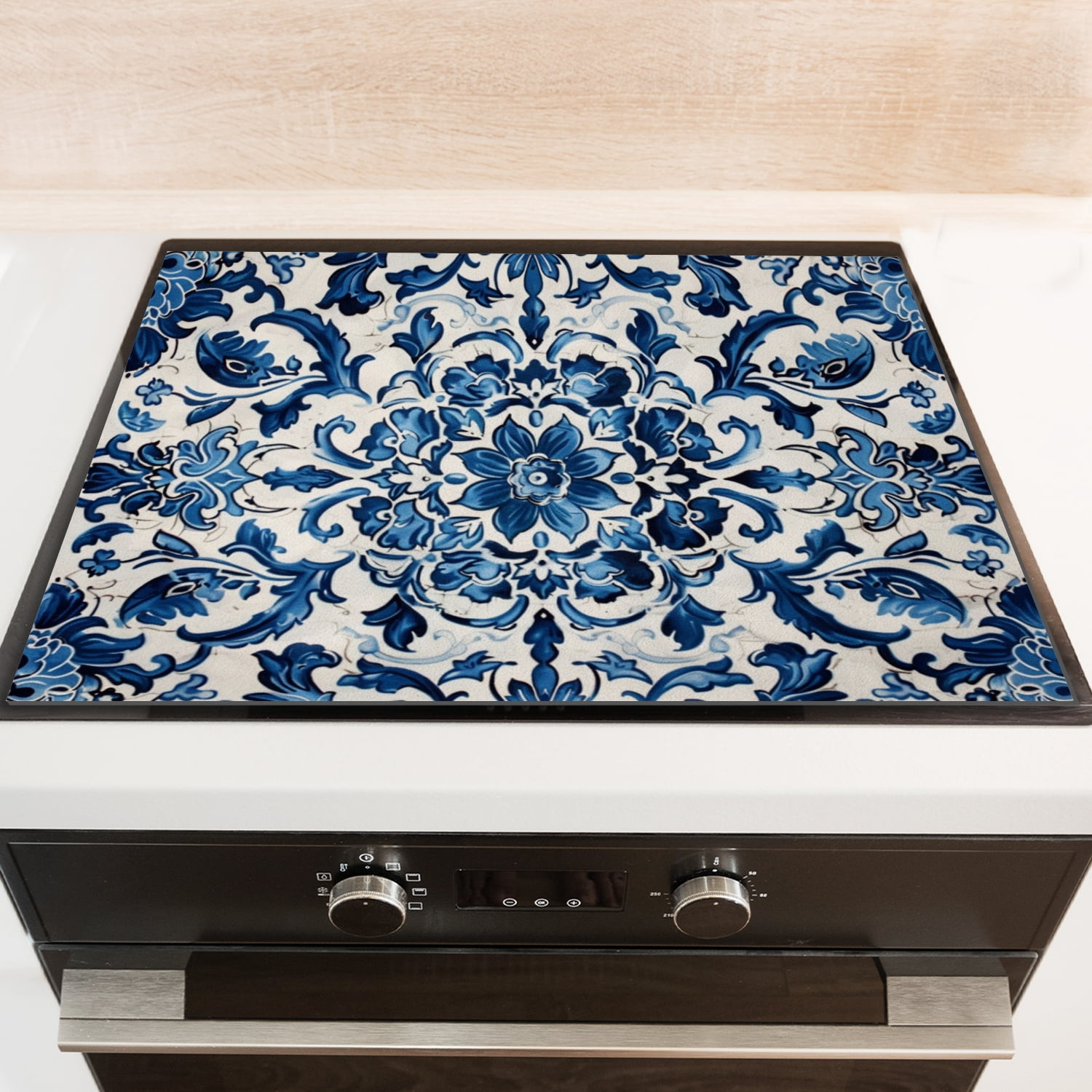 Glass Stove Top Covers For Electric Stove, Blue and White Flowers and Leaves Square Glass Stovetop Cover, Black White and Gold Dustproof Mat for Kitchen RV (28×20 Inch)