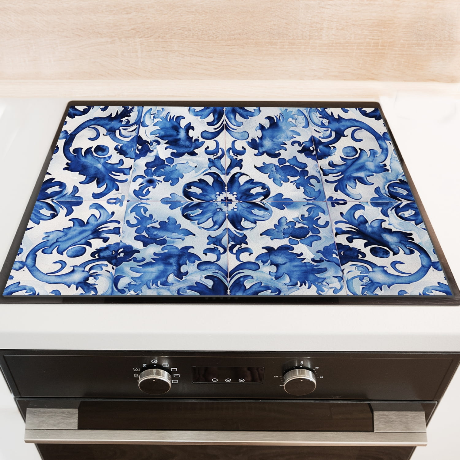 Glass Stove Top Covers For Electric Stove, Blue And White Flowers Pattern Square Glass Stovetop Cover, Washable Oilproof Dustproof Mat for Kitchen RV (28×20 Inch)