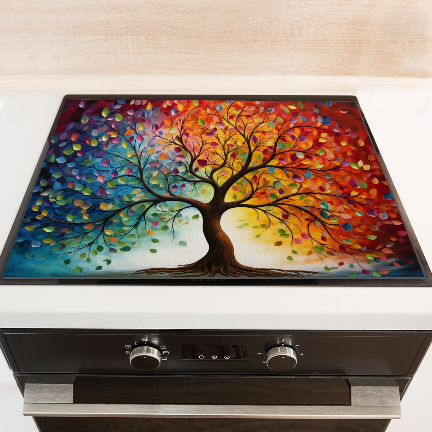 Glass Stove Top Covers for Electric Stove, Gold and Green Tree of Life Non-slip Stovetop Covers, Square Scratch-Resistant Countertop Protector Mat for Kitchen RV (28×20 Inch)