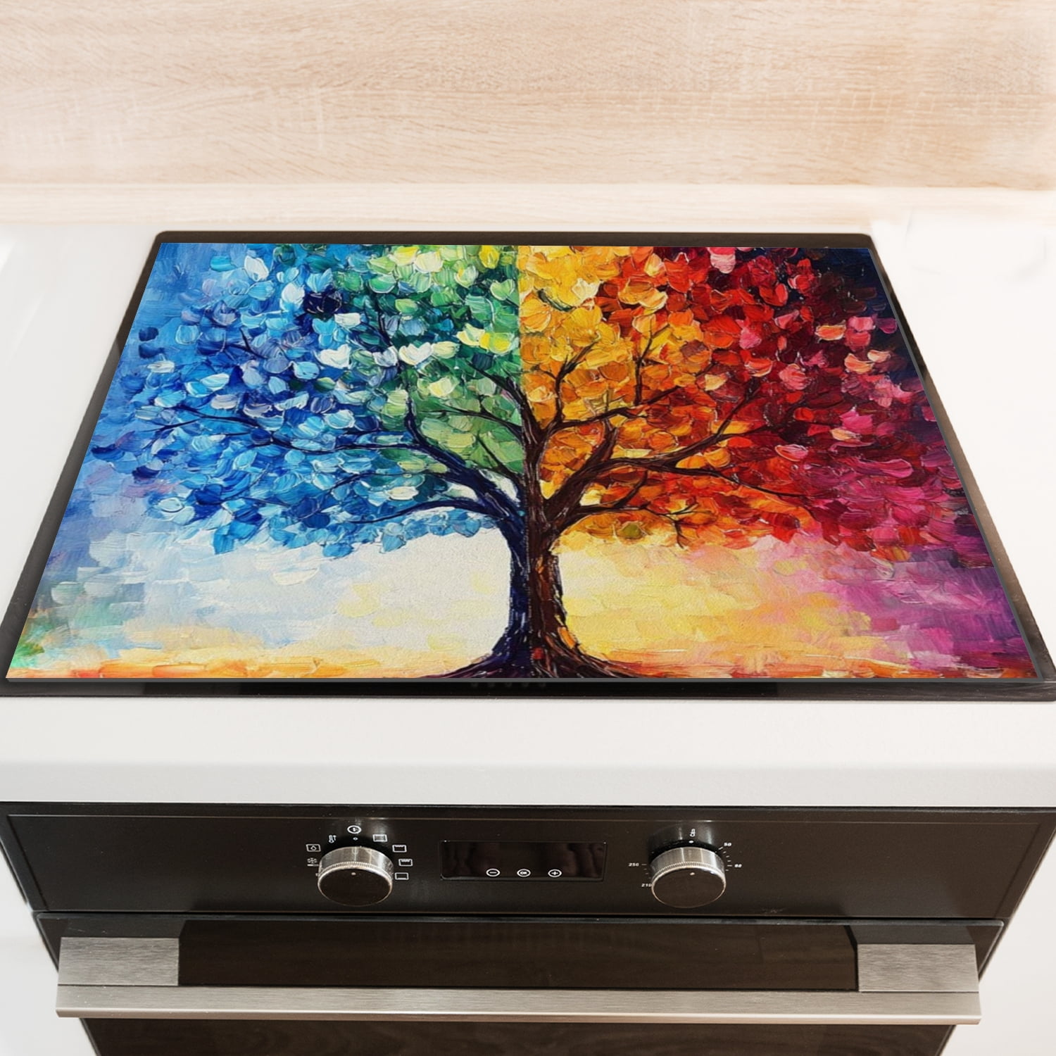 Glass Stove Top Covers For Electric Stove, Multicolored Huge Life Tree Pattern Square Glass Stovetop Cover, Washable Oilproof Dustproof Mat for Kitchen RV (28×20 Inch)