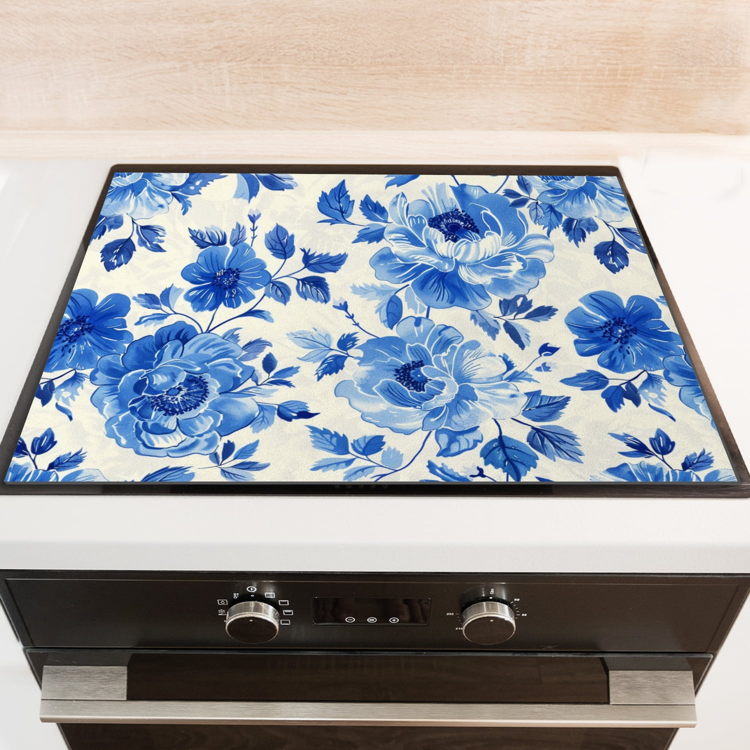 Glass Stove Top Covers For Electric Stove, Blue and White Flowers and Leaves Square Glass Stovetop Cover, Dustproof Mat for Kitchen RV (28×20 Inch)