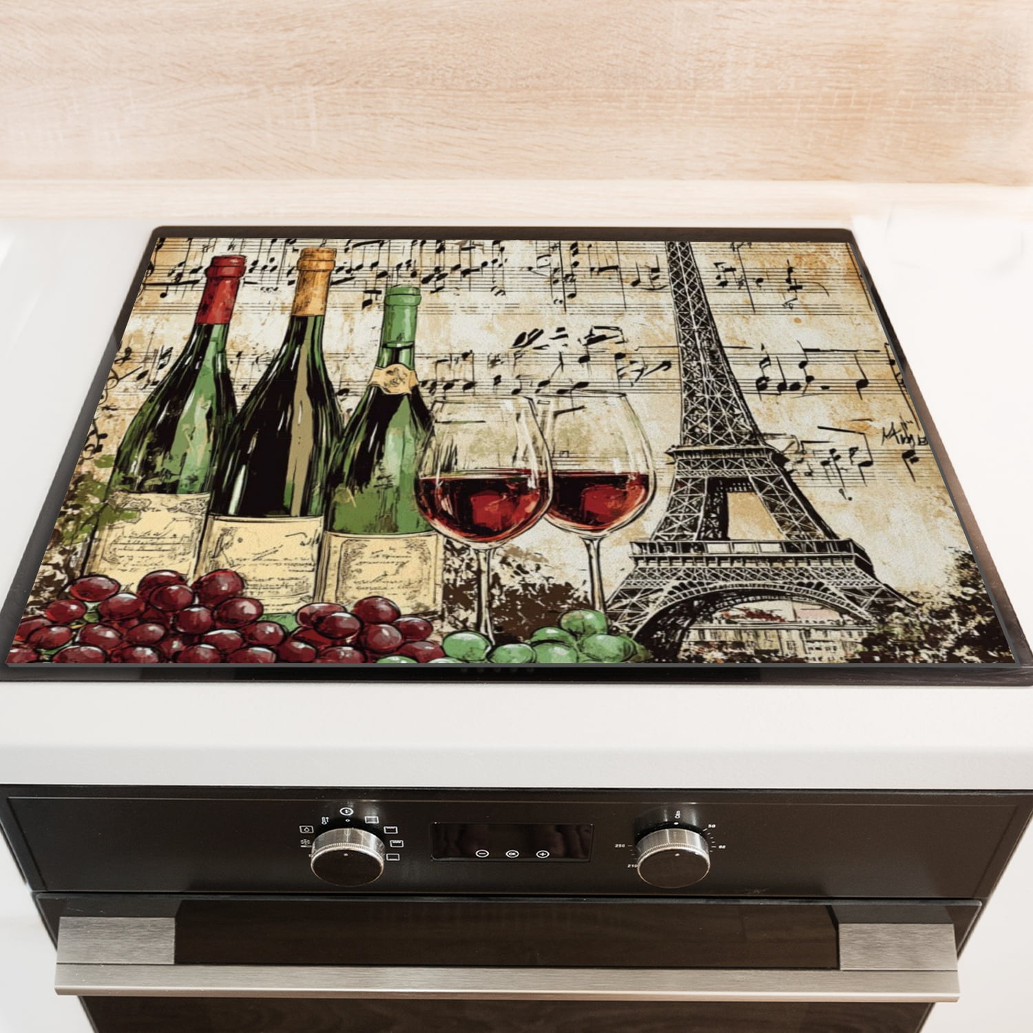 Glass Stove Top Covers for Electric Stove, Vintage Eiffel Tower With Bottles Of Wine, Square Scratch-Resistant Mat for Kitchen RV (28×20 Inch)