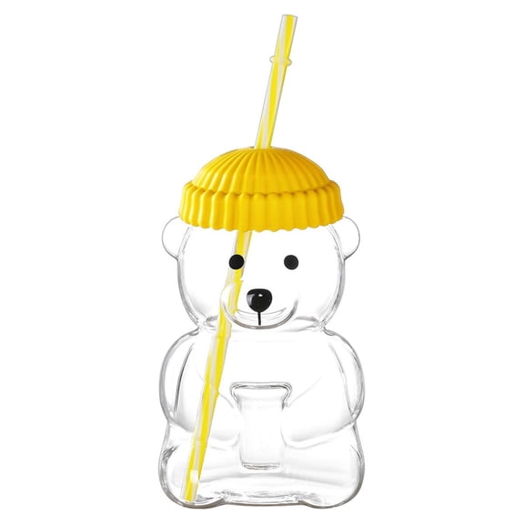 Glass Straw Cup with Bear Design, 20 oz High Borosilicate Heat-Resistant Drinking Tumbler for Juice, Milk, and Cold Drinks, 1 Piece