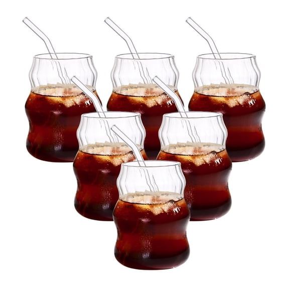 Glass Straw Cups 6-Pack 19oz - Coffee, Tea, Juice Mugs - Striped Cloud Design - Heat Resistant Borosilicate Glass - Microwave Safe Office & Home