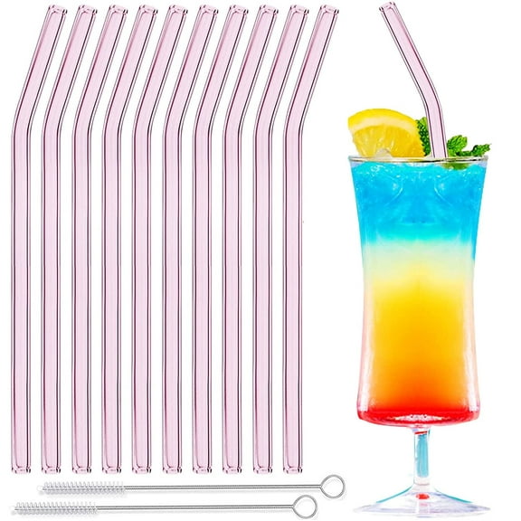 Glass Straws, 10 Pcs Reusable Glass Drinking Straws, Size 8''x8 MM, Including 10 Bent with 2 Cleaning Brush, Pink Glass Straws Reusable