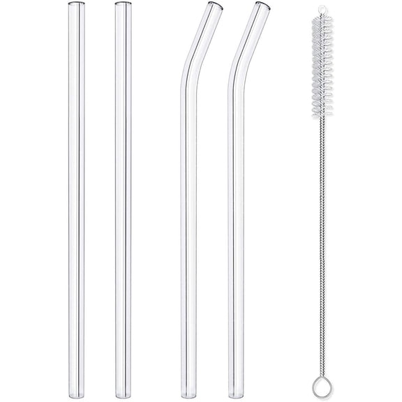 Glass Straws,4-Pack Reusable Glass Drinking Straws, Including 2 Straight and 2 Bent with 2 Cleaning Brush, Clear Glass Straws Reusable for Smoothie Cocktail,Color Changing Cups(Size 8''x8 MM)