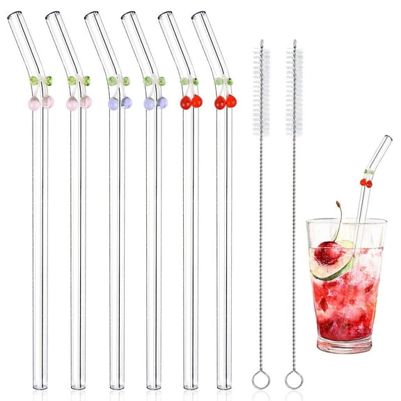 Lnrkai Reusable Glass Straws, 6 Pack Cherry Clear Glass Straws with 2 Cleaning Brushes for Juice, Tea, Cocktail