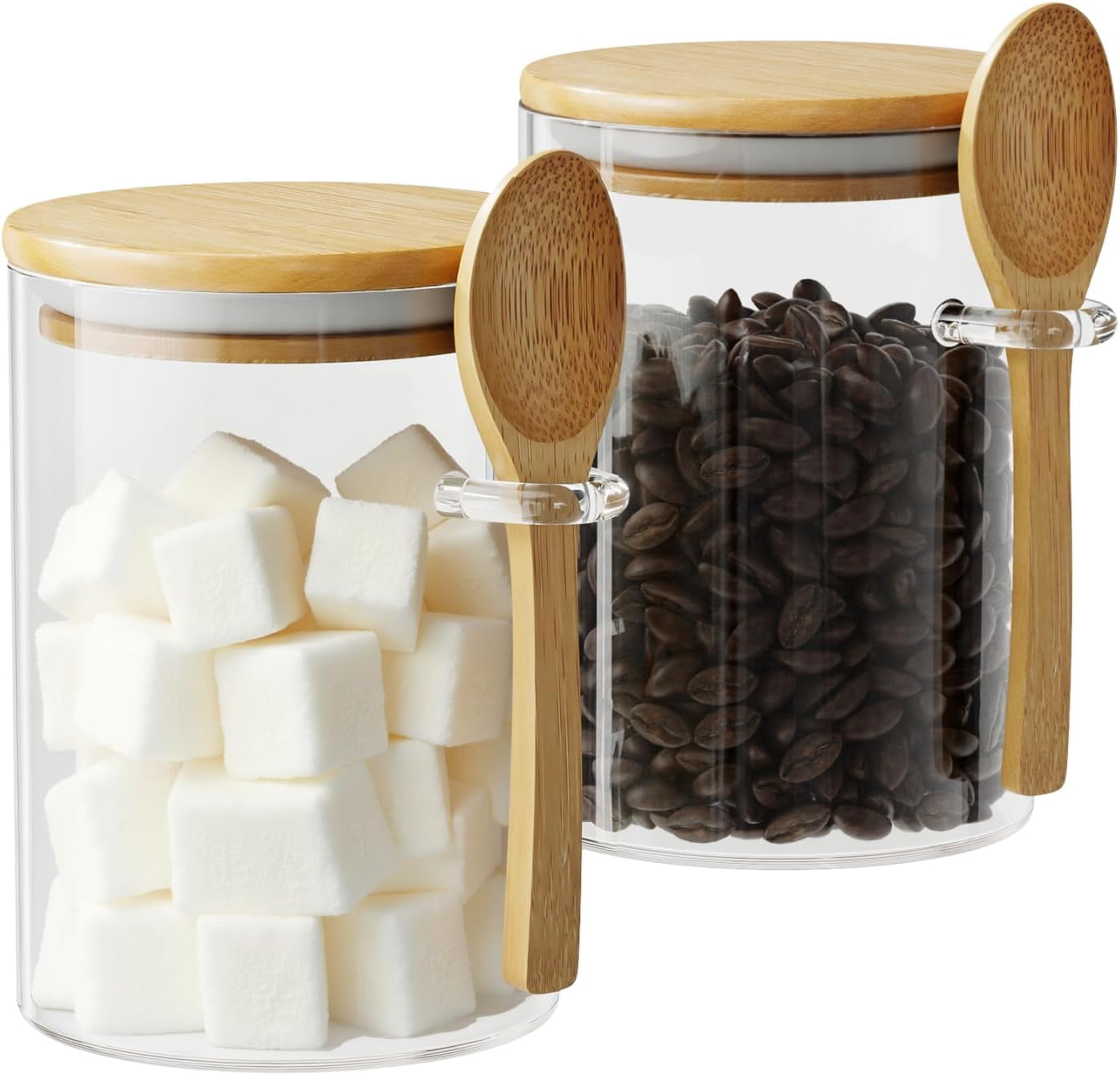 Airtight Glass Food Storage Jar With Wooden Lid & Spoon – 15 Oz Canister For Sugar, Coffee, Flour, Nuts, Spices