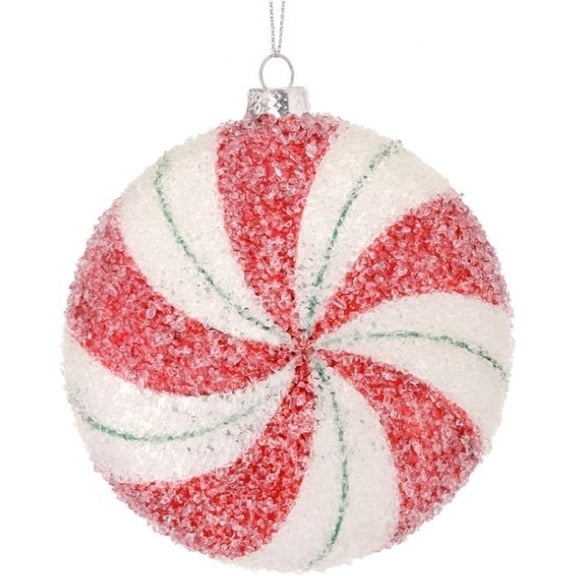 Glass Sugared Peppermint Candy Ornament 4 Inches, Red, White and Green