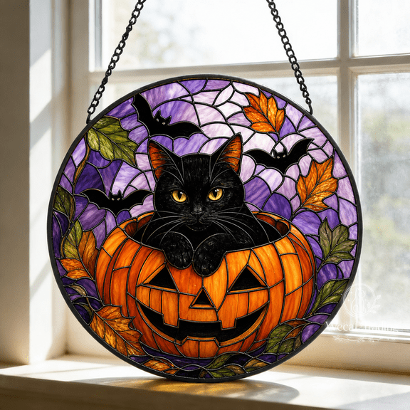 Glass Suncatcher Black Cat Pumpkin Glass Window Hanging for Halloween Decor
