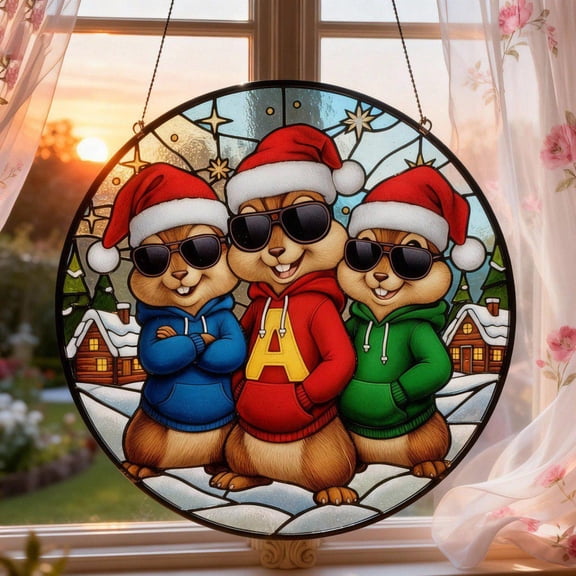 Glass Suncatcher – Cute Chipmunk And Friends Window Hanging Decor, Glass Style, Acrylic Suncatcher Cartoon, Gift For Kids, Suncatcher Window Hanging, 3.5 in