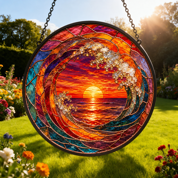 Glass Suncatcher Fiery Sunset Wave Ring Glass Window Hanging Gift for Mom