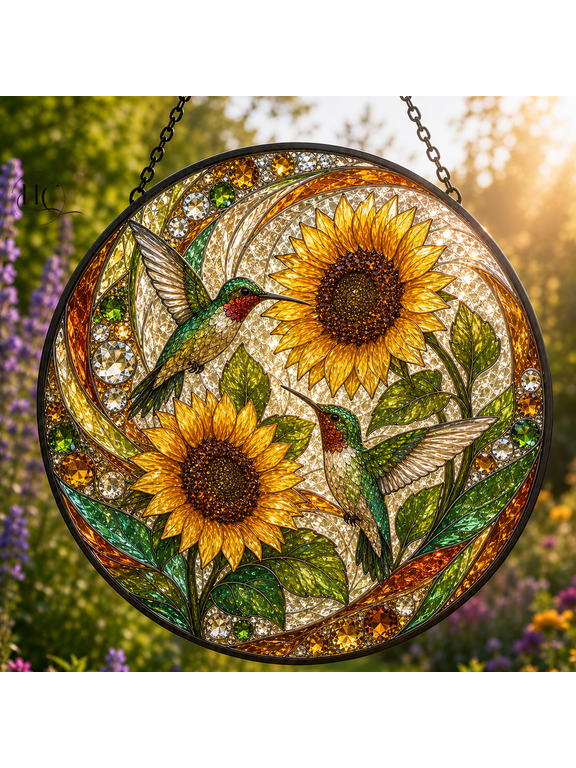 Glass Suncatcher Hummingbird Sunflower Stained Glass Window Hanging for Bird Lovers