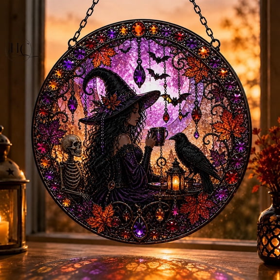 Glass Suncatcher Midnight Witch Raven Glass Window Hanging for Halloween Decor Lovers