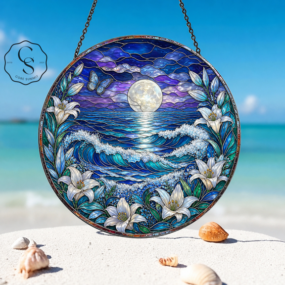 Glass Suncatcher Moonlit Lily Ocean Glass Window Hanging Gift for Mom Beach Home