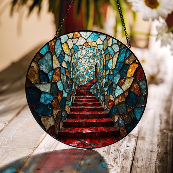 Glass Suncatcher, Mosaic Stairway Art, for Mom, Housewarming, 3.5 in