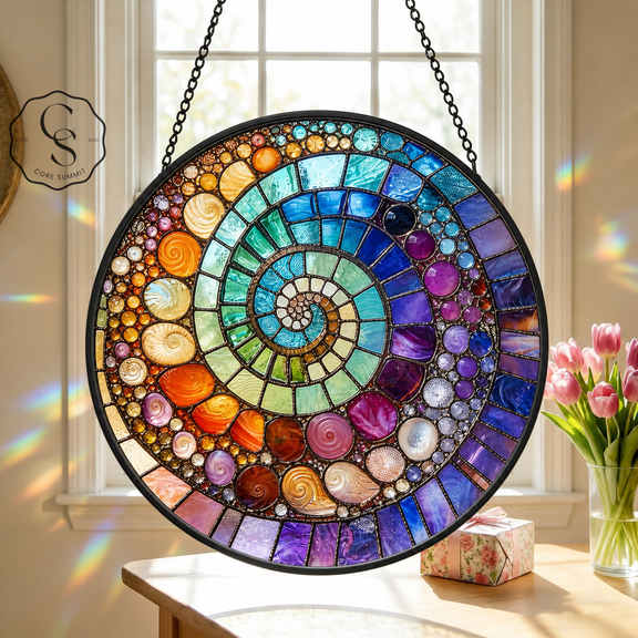 Glass Suncatcher Ocean Ammonite Spiral Window Hanging Gift for Mom