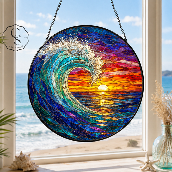 Glass Suncatcher Ocean Wave Sunset Window Hanging for Beach House Gift for Mom