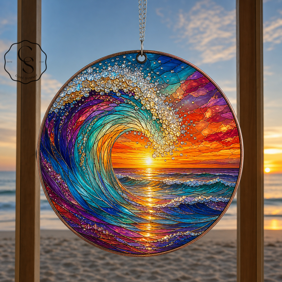 Glass Suncatcher Rainbow Wave Glass Window Hanging for Beach House Gift for Mom