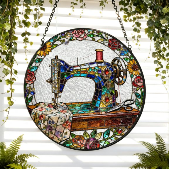 Glass Suncatcher, Sewing Machine Quilting Ornament Window Hanging, Quilter Lover, Tailor Shop Decor, 3.5 in