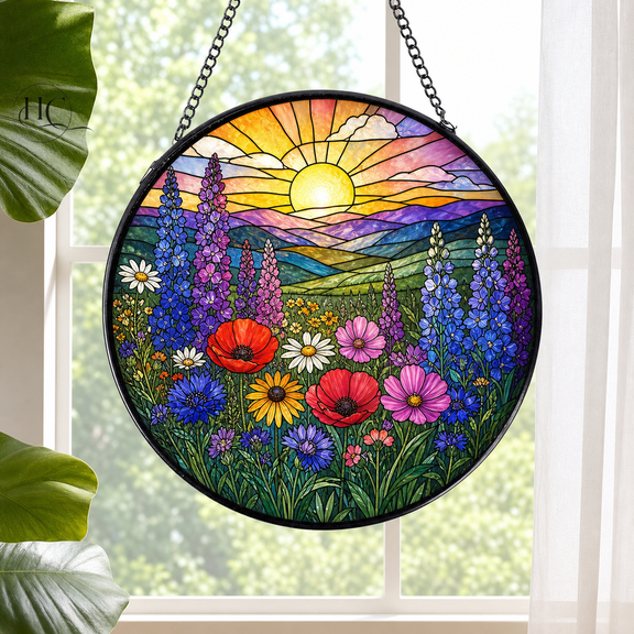 Glass Suncatcher Wildflower Botanical Glass Window Hanging for Flower Lovers
