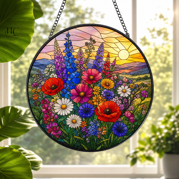 Glass Suncatcher Wildflower Bouquet Glass Window Hanging for Garden Lovers
