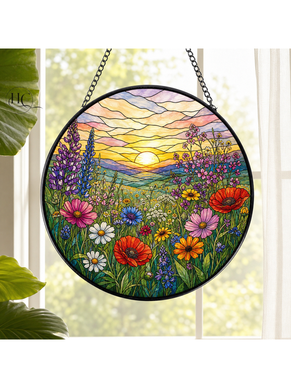 Glass Suncatcher Wildflower Meadow Stained Glass Window Hanging for Nature Lovers