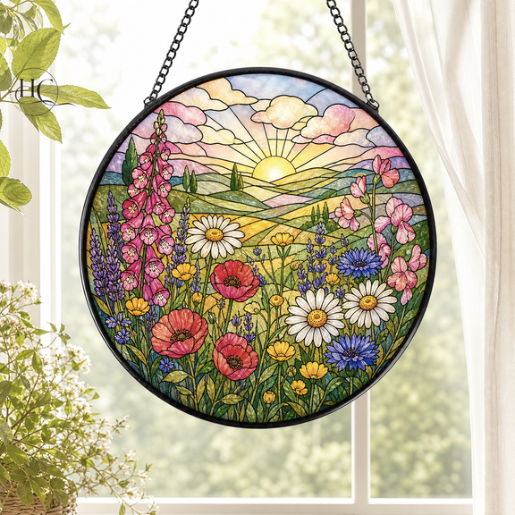 Glass Suncatcher Wildflower Stained Glass Window Hanging for Cottagecore Decor