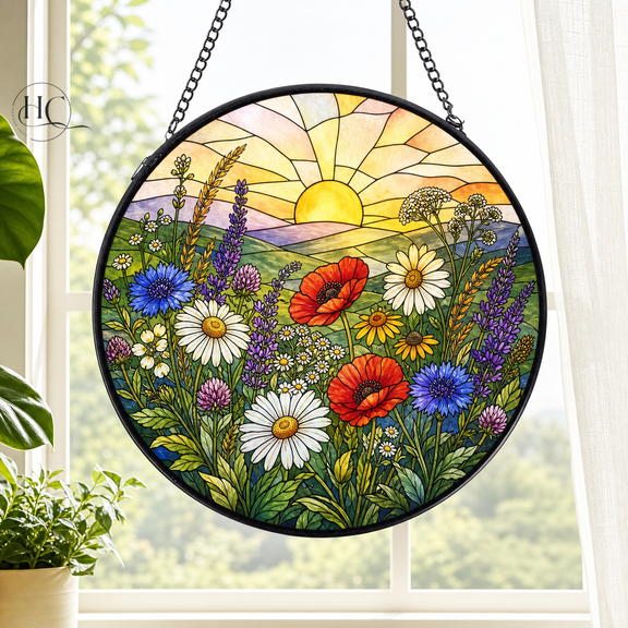 Glass Suncatcher Wildflower Stained Glass Window Hanging for Garden Lovers