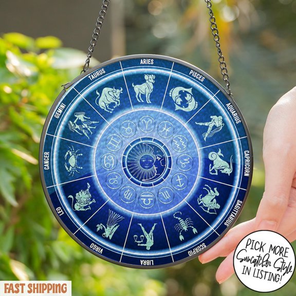 Glass Suncatcher For Window Cobalt Blue Zodiac Sign Celestial Hanging Suncatcher Zodiac Gifts Sun Moon Stars Glass Painting, Suncatcher Window Hanging, 6.3 in