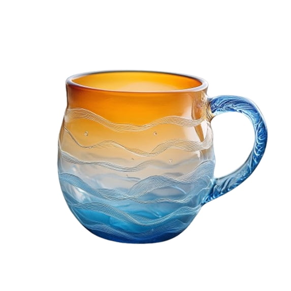 Glass Sunset Mug, Handblown Ocean Wave Pattern Mug Cup, Unique Textured Beach Theme Mugs for Tea Wine