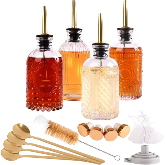 Glass Syrup Dispenser Set - 4 7oz Bottles with Pour Spouts, Stoppers, Spoons for Coffee, , Vanilla, Caramel, Honey