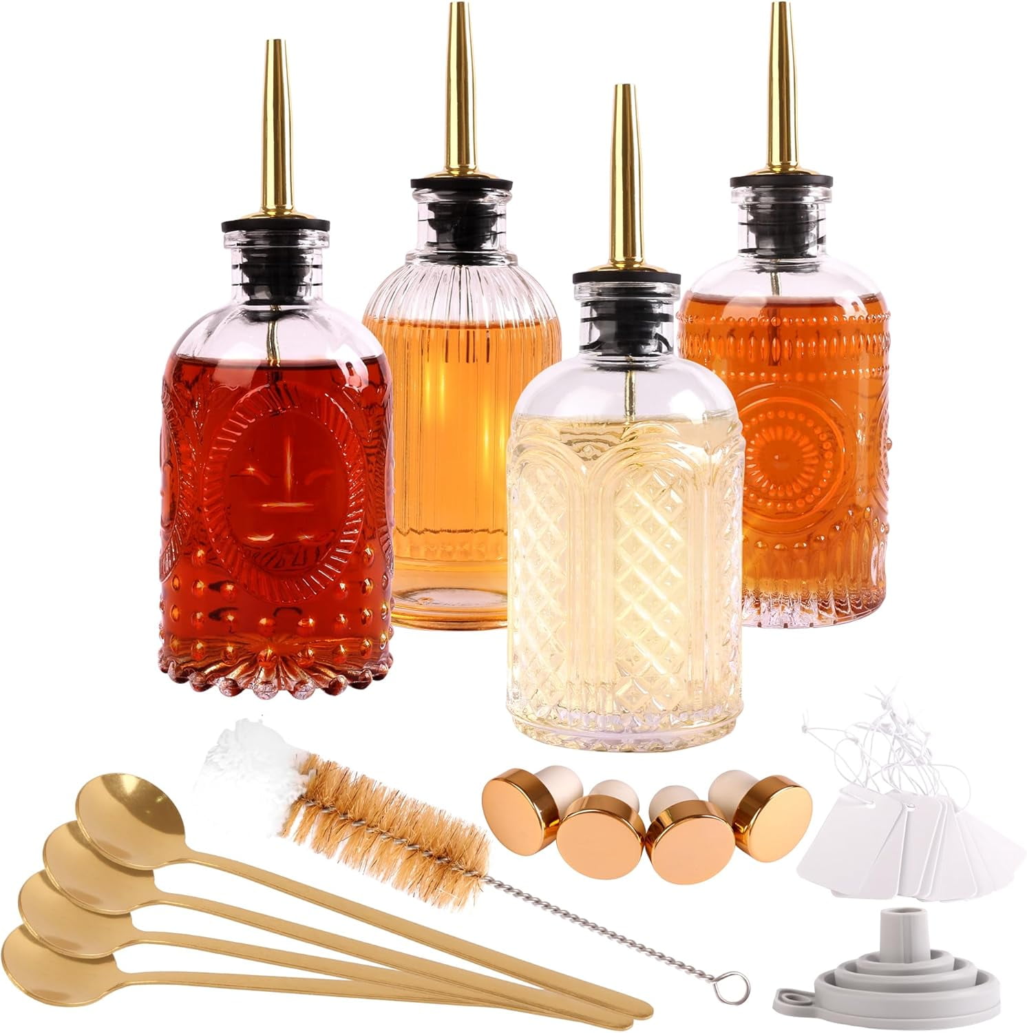 Glass Syrup Dispenser Set - 4 Pack 7oz Bottles with Metal Pour Spouts, Stoppers, Spoons for Coffee, Tea, Vanilla, Caramel, Honey